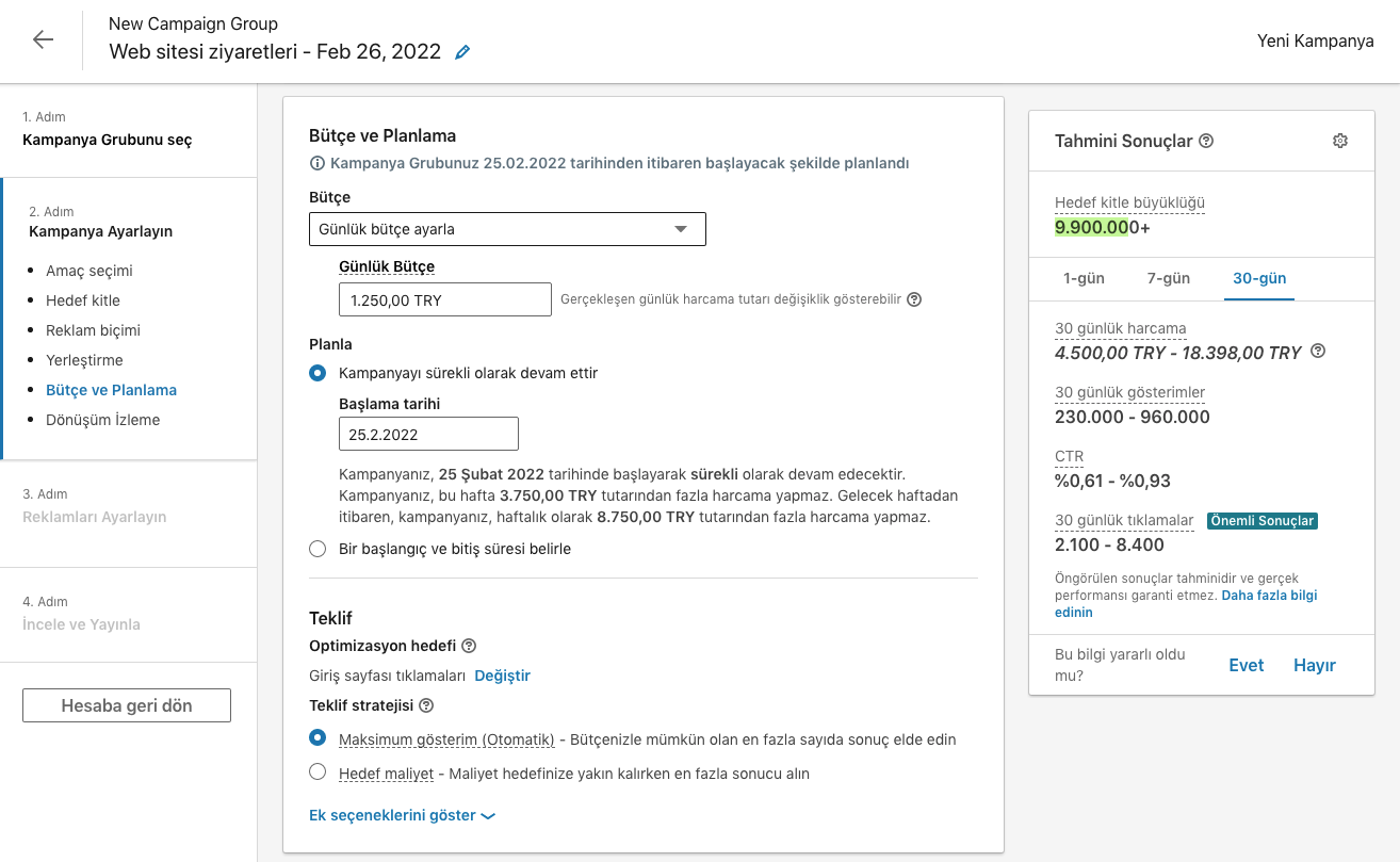 LinkedIn reklam bütçesi belirleme
