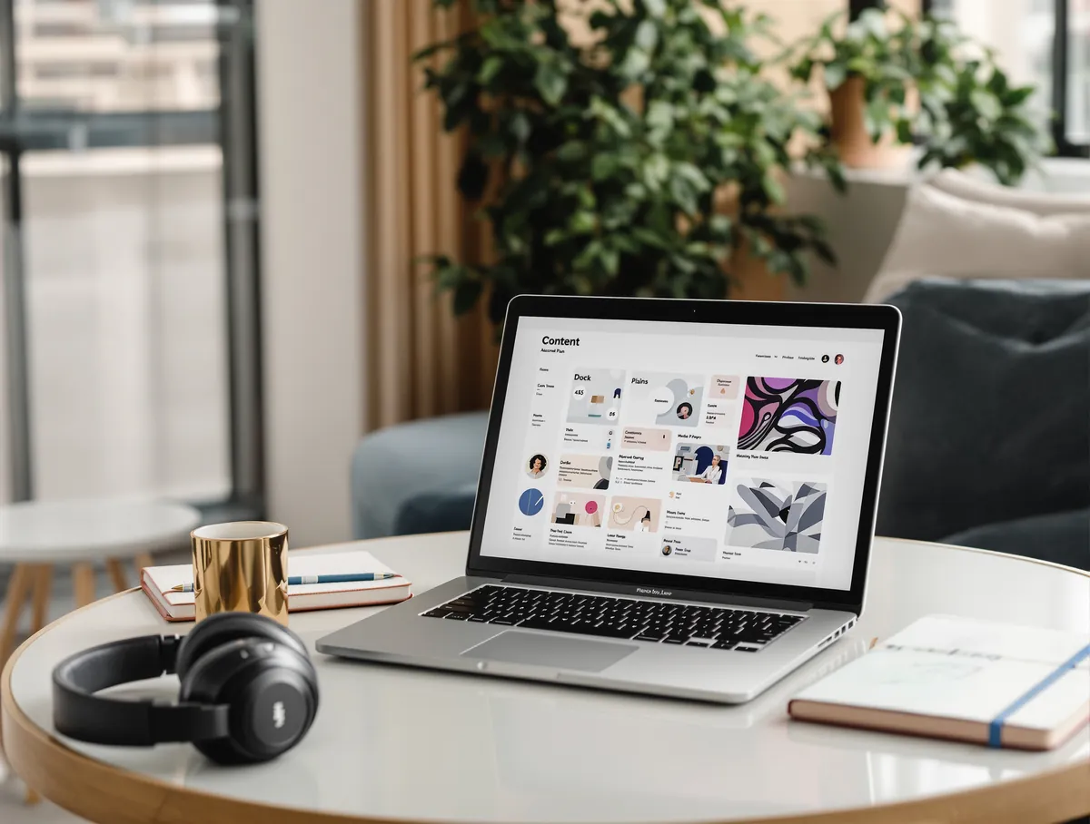 Lounge masasında içerik planı açık bir laptop